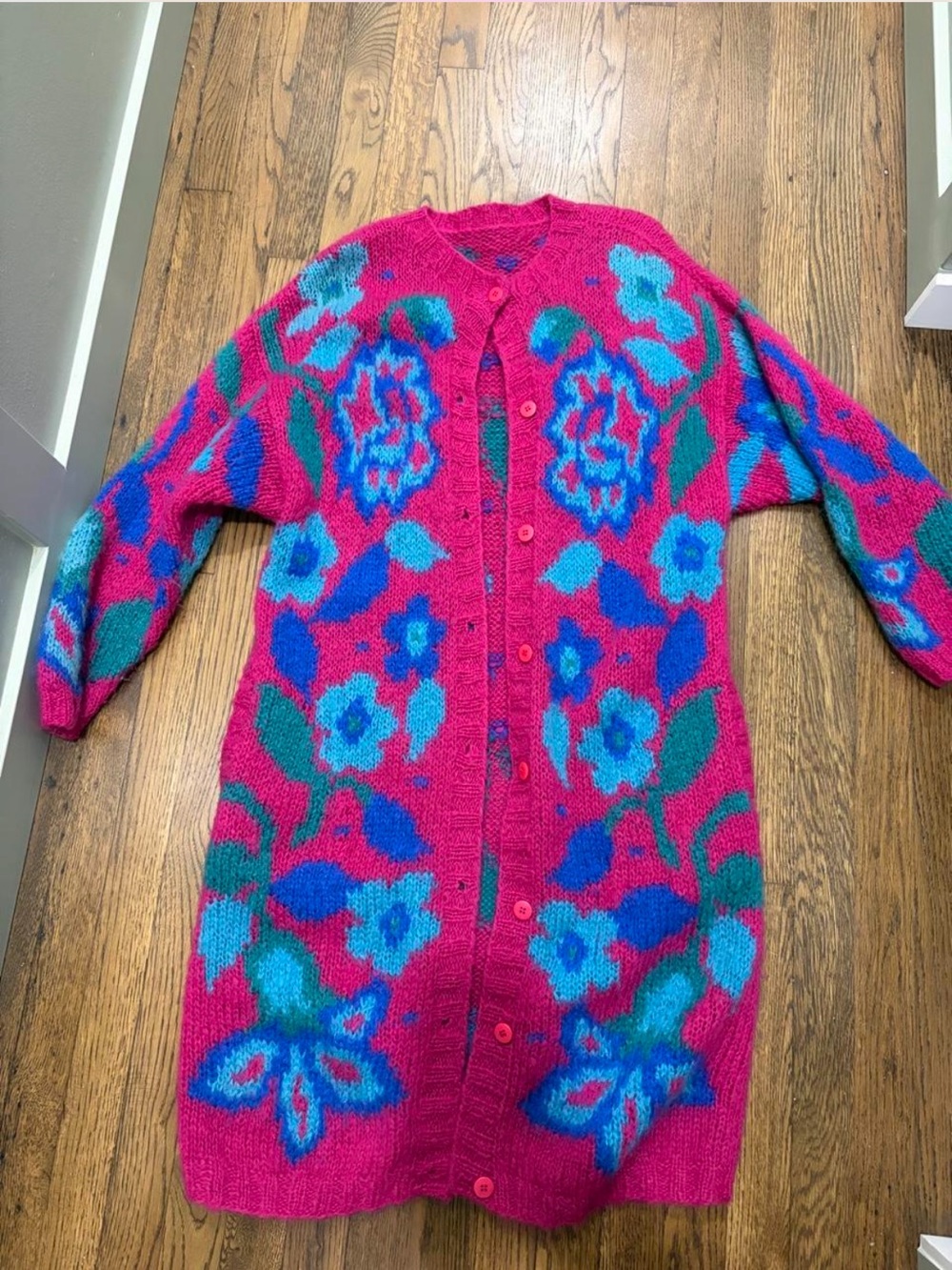 Bright Pink Floral Button-Up Long Sweater Cardigan
